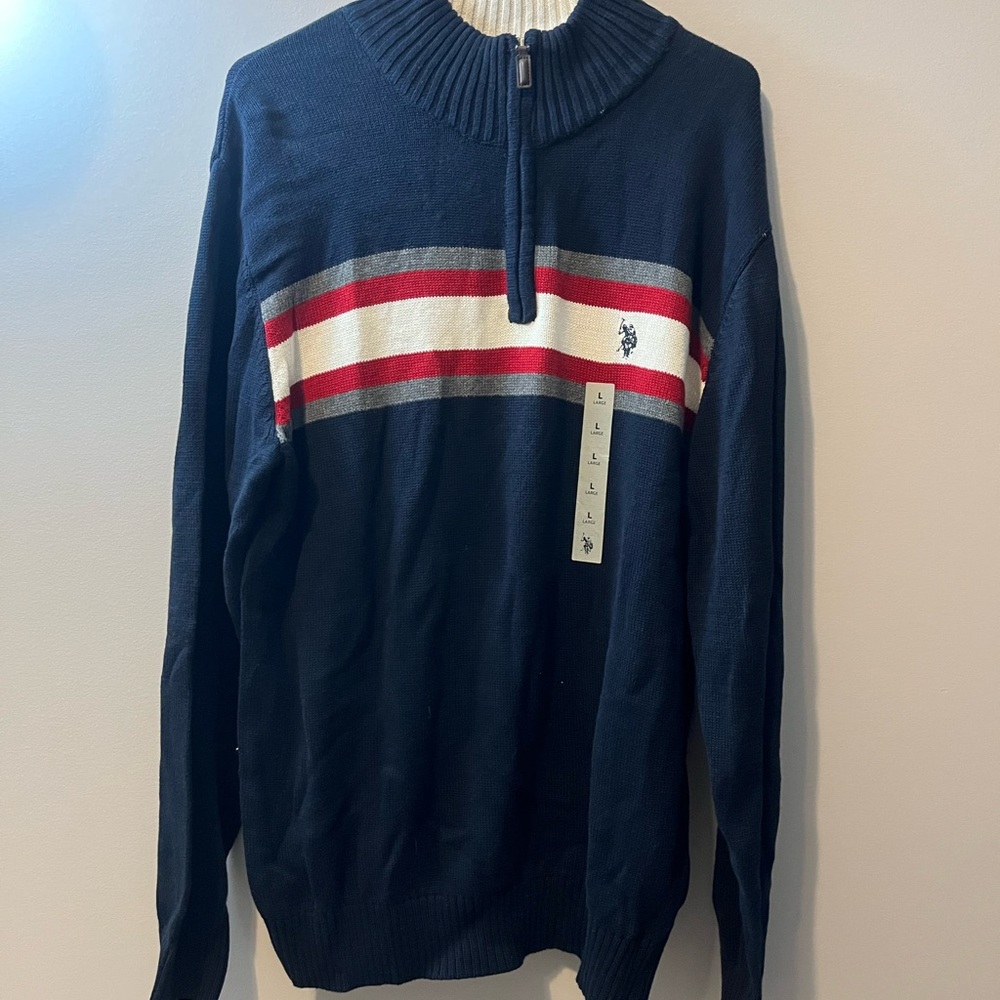 Men's Navy Sweater with Red and White Stripes